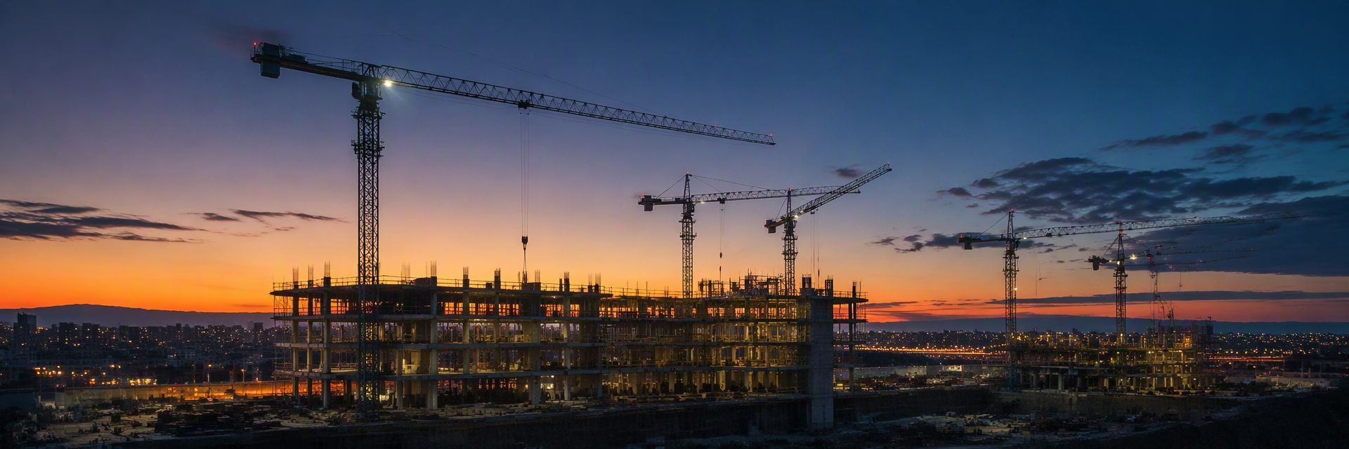Grúas de construcción al atardecer sobre una estructura en desarrollo