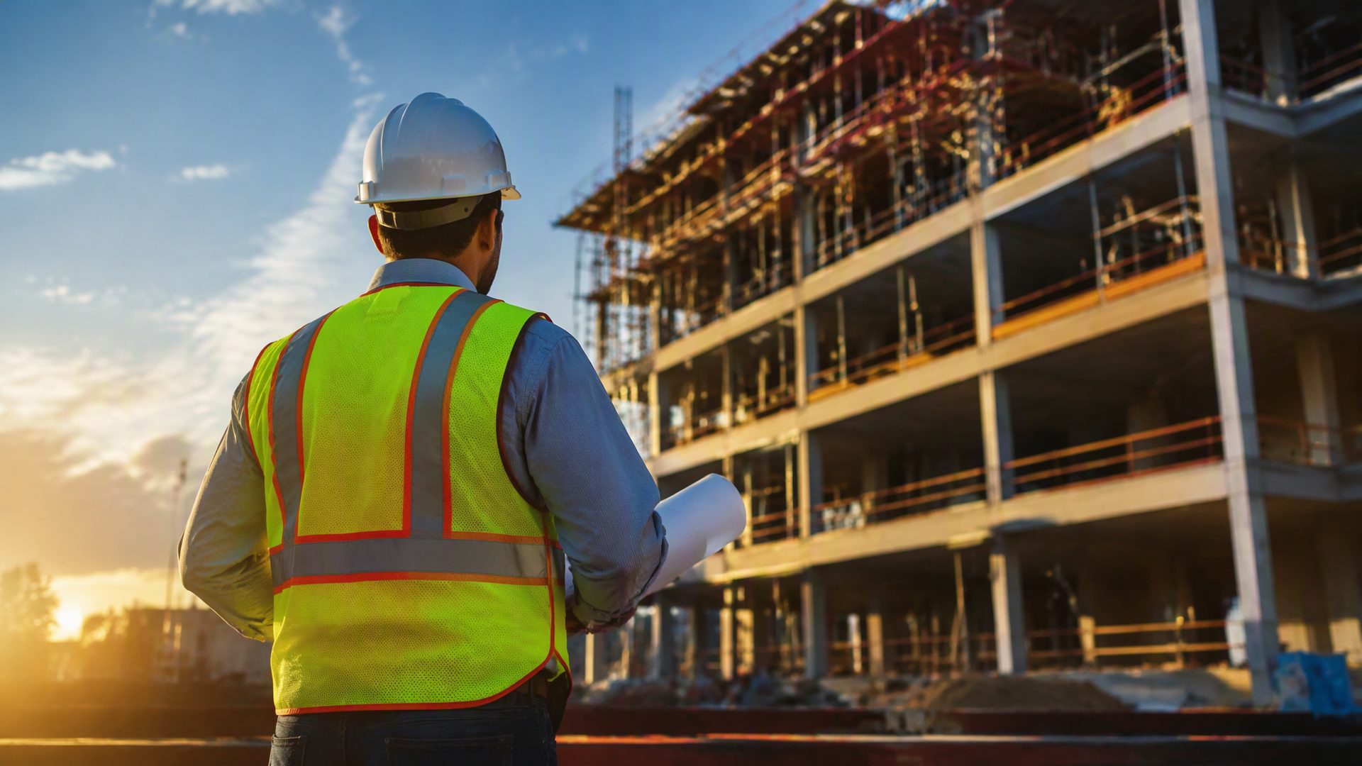 Ingeniero con casco de seguridad revisando planos frente a una edificación en construcción