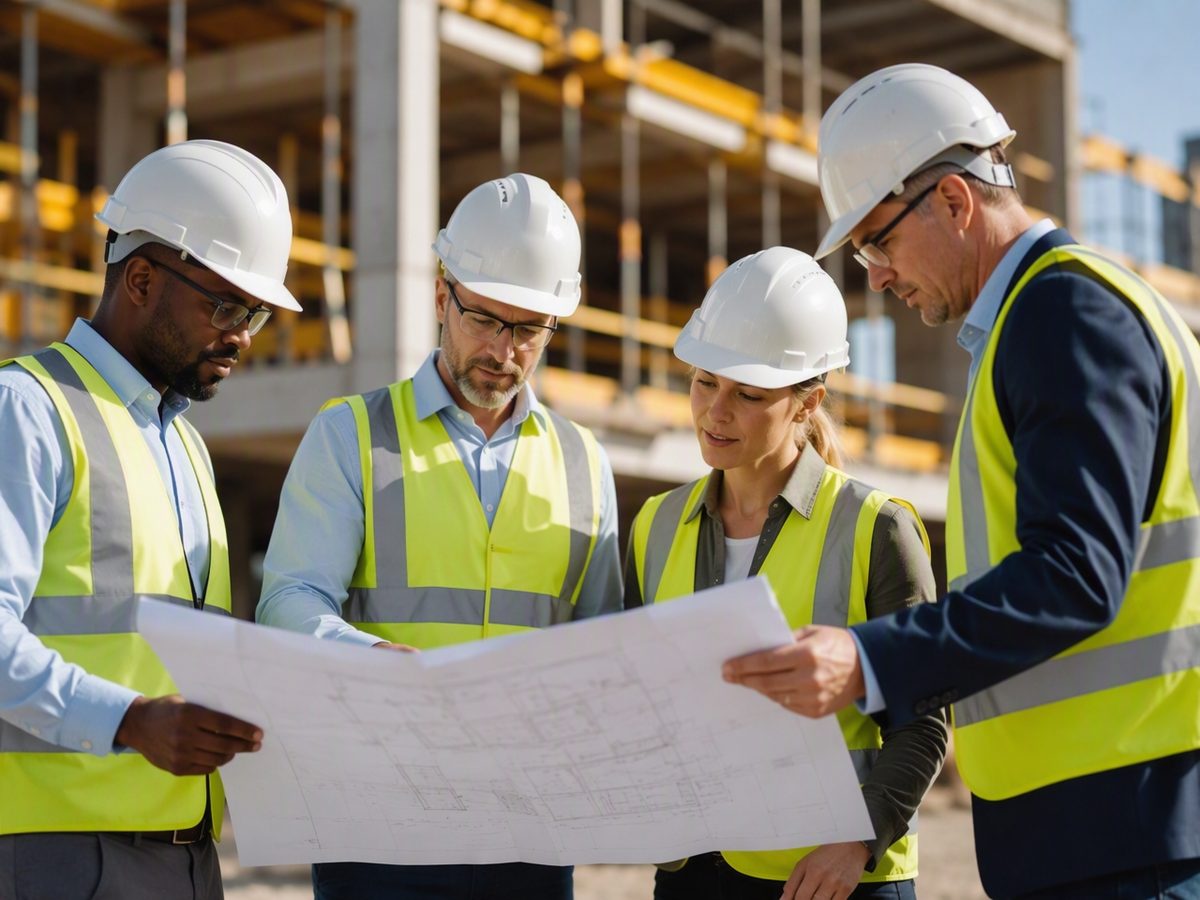 Equipo de ingenieros de MARASB revisando planos en obra