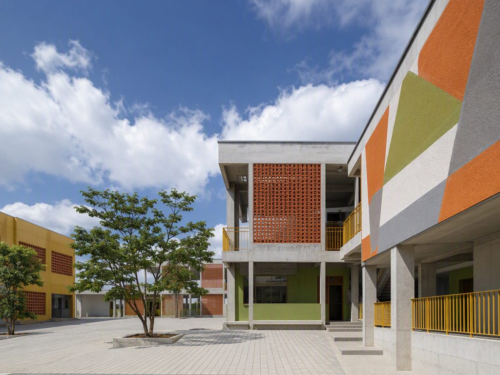 Institución educativa moderna con fachada colorida