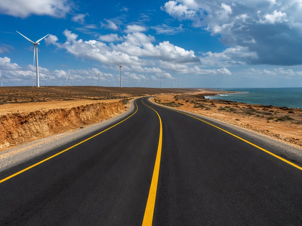 Vía pavimentada en paisaje desértico costero de La Guajira