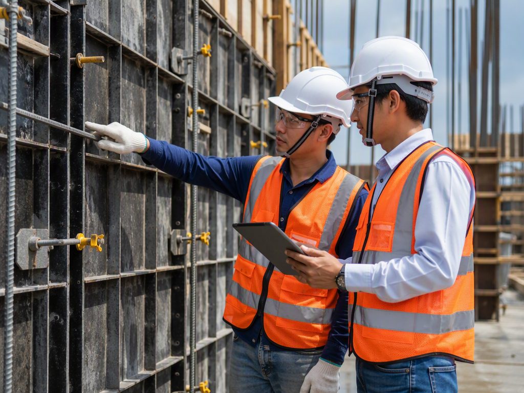 Trabajadores con elementos de protección inspeccionando una obra
